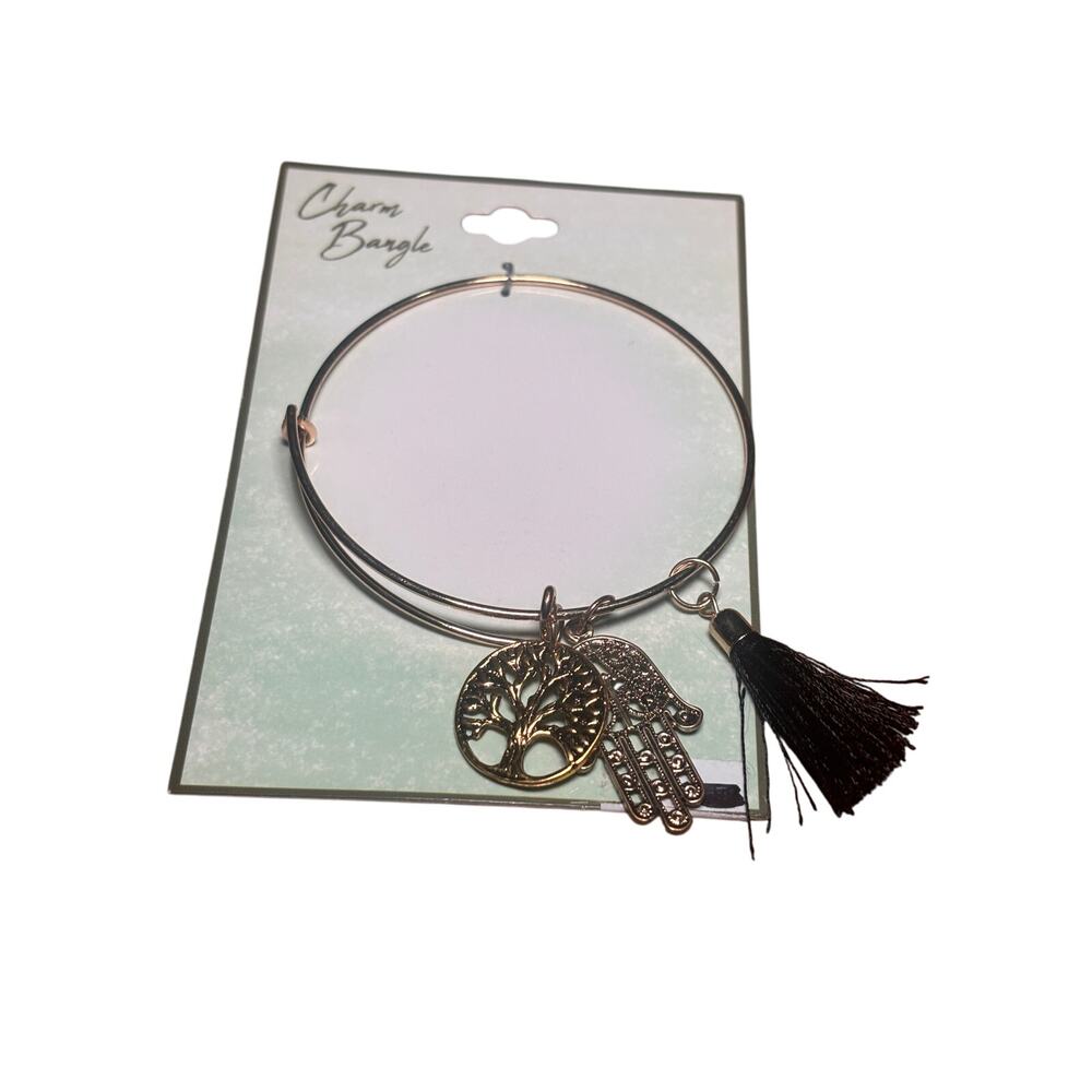 Charm Bangle Bracelet Tree of Life Hamsa Hand Tassel Rose Gold Tone Adjustable